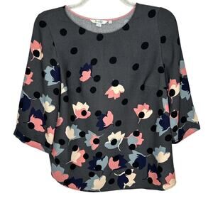 Boden Gray Polka Dot Floral 3/4 Sleeve Flowy Blouse Size 10
